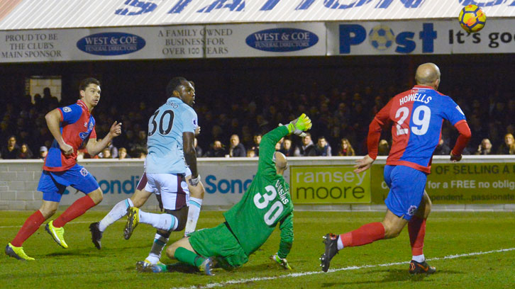Michail Antonio scores the first of his two goals at Dagenham &amp; Redbridge