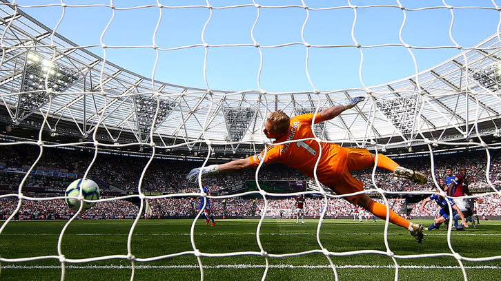 Michail Antonio scores against Leicester City at London Stadium