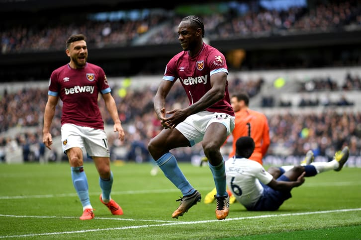 Michail Antonio celebrates his goal at Spurs