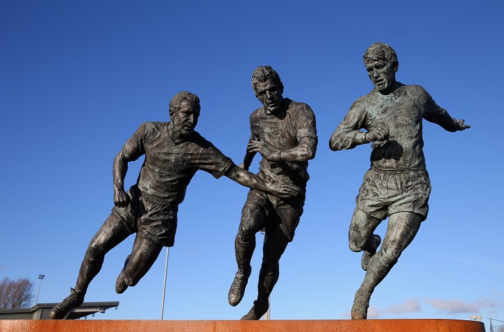 A statue of Sir Geoff Hurst and Jimmy Armfield stands in Ashton-under-Lyne