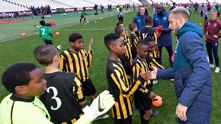 Marko Arnautovic meets Premier League Kicks participants at London Stadium