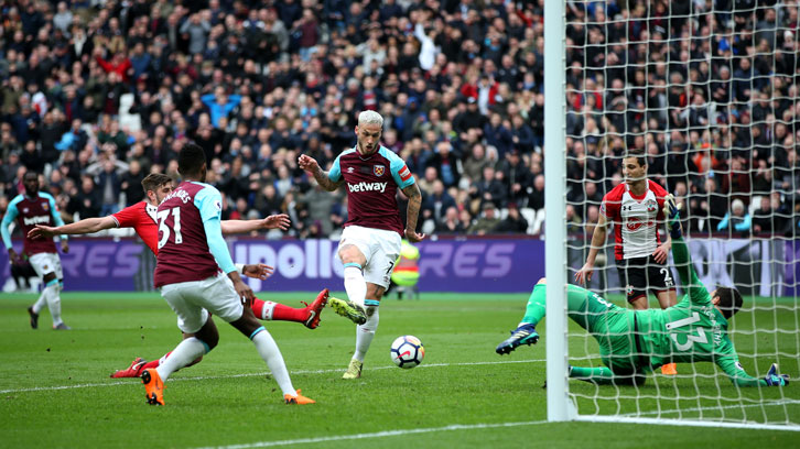 Marko Arnautovic scores the first of his two goals against Southampton on Saturday