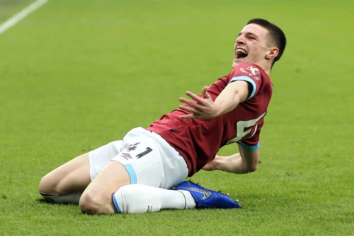 Declan Rice celebrates his goal against Arsenal