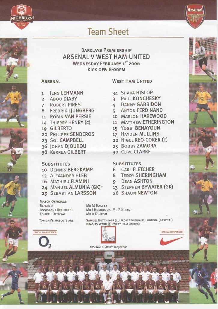 The teamsheet from West Ham's 3-2 win at Arsenal on 1 February 2006