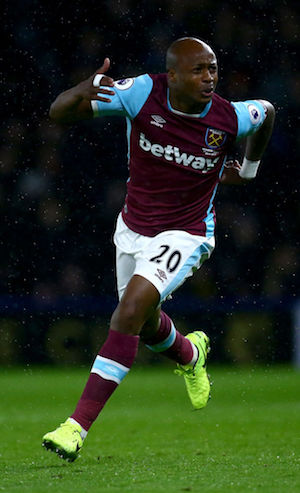 Andre Ayew celebrates his equalising goal against Watford