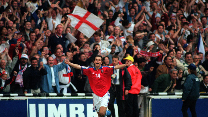 Patrick Berger celebrates scoring for the Czech Republic in the Euro 96 final
