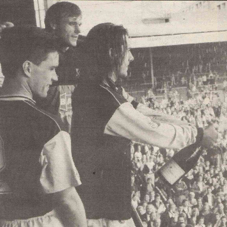 Ian Bishop celebrates winning promotion in 1993