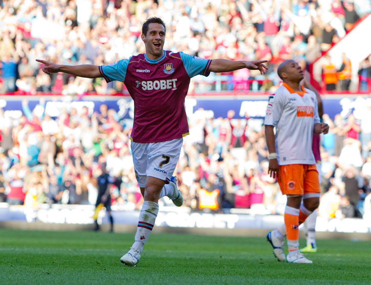 Sam Baldock celebrates his goal against Blackpool