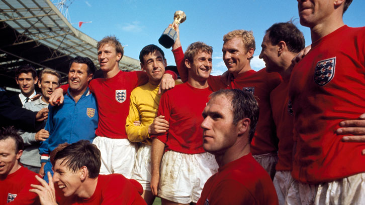 Gordon Banks and his England teammates celebrate winning the World Cup