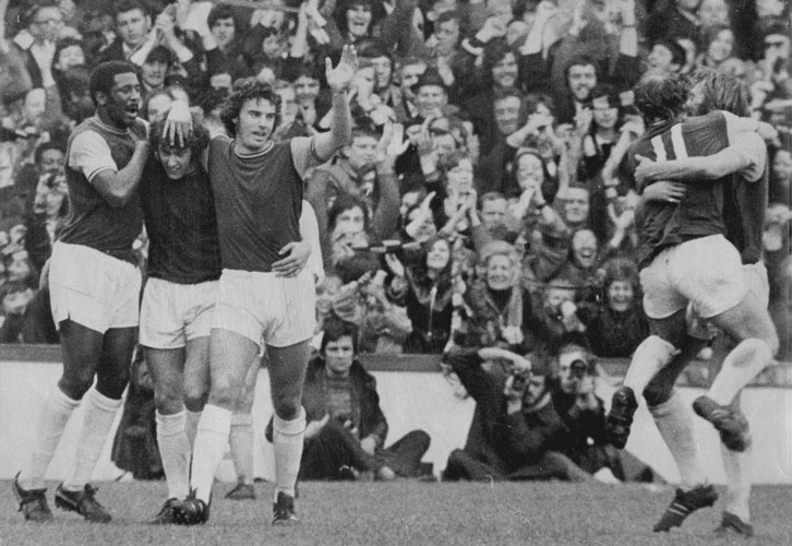 Sir Trevor and Clyde celebrate with their Hammers teammates during the 2-2 draw with Leeds United in March 1972