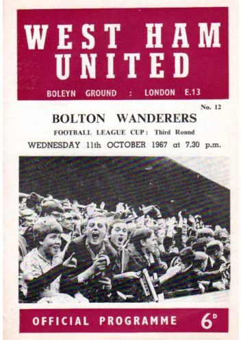 The programme cover from West Ham United's League Cup tie with Bolton in 1967