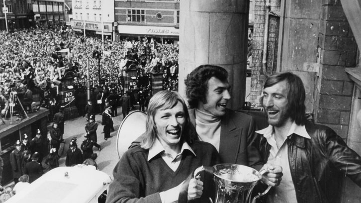 Billy Bonds celebrates winning the FA Cup with Alan Taylor and Trevor Brooking