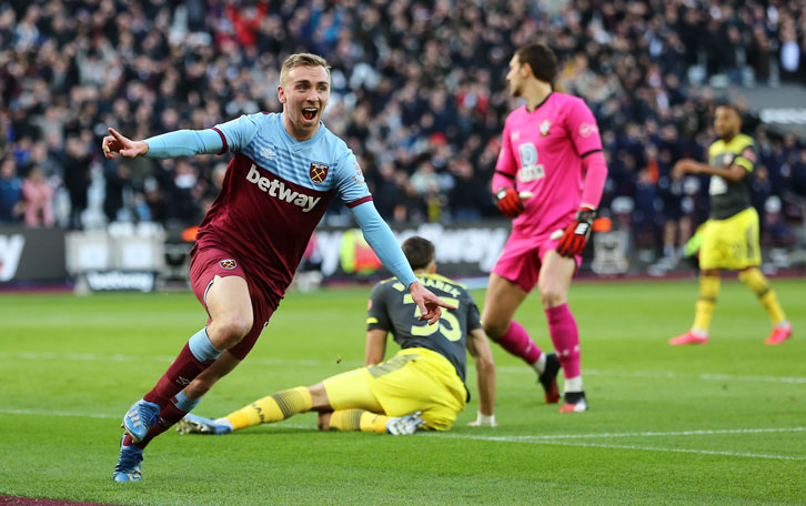 Jarrod Bowen celebrates scoring on his home debut against Southampton in March 2020