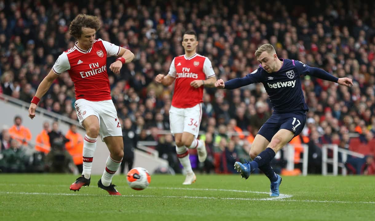 Jarrod Bowen strikes for goal against Arsenal