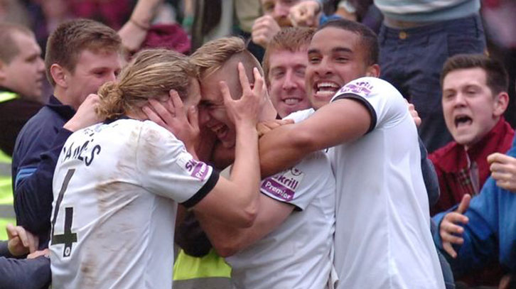 Jarrod Bowen celebrates scoring his first professional goal for Hereford