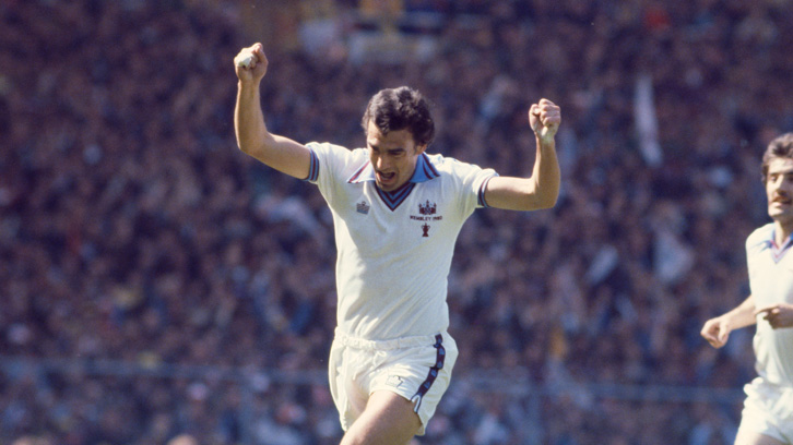 Sir Trevor Brooking celebrates his winning goal against Arsenal in the 1980 FA Cup final