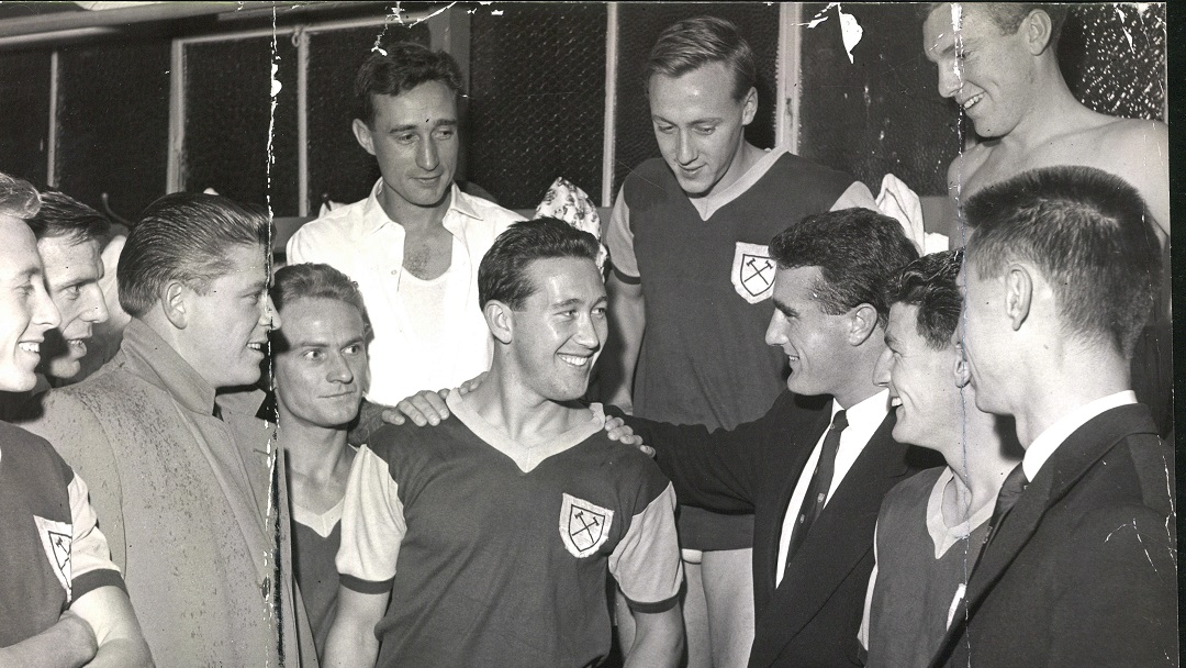 Ken Brown being congratulated by his West Ham teammates