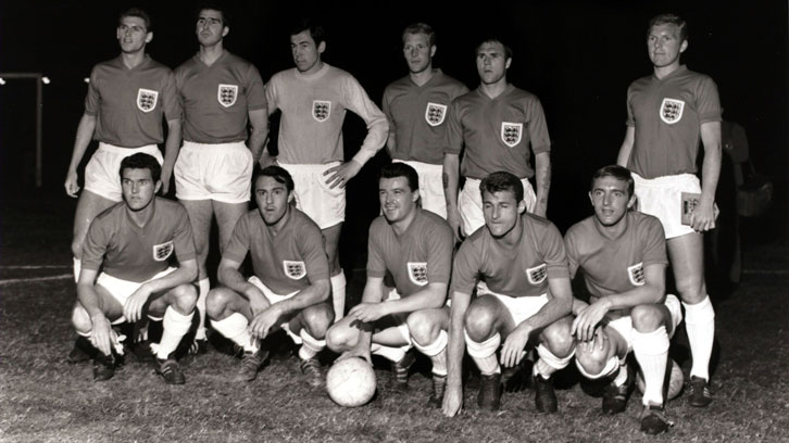 Johnny Byrne (front row, centre) prepares to face Portugal in June 1964