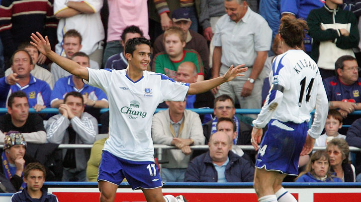 Tim Cahill celebrates scoring for Everton in September 2004