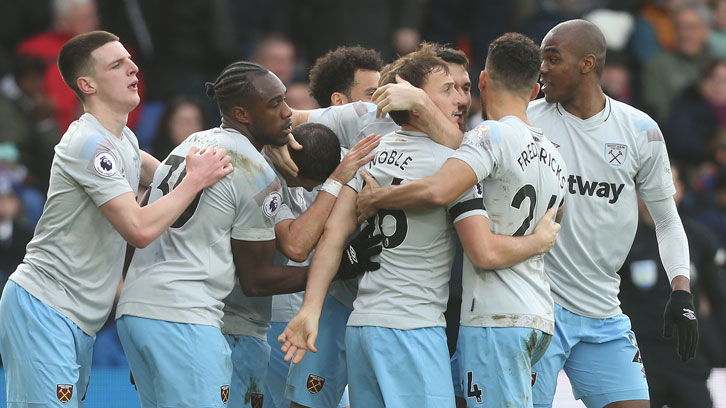 Mark Noble celebrates with his teammates after scoring at Crystal Palace in February