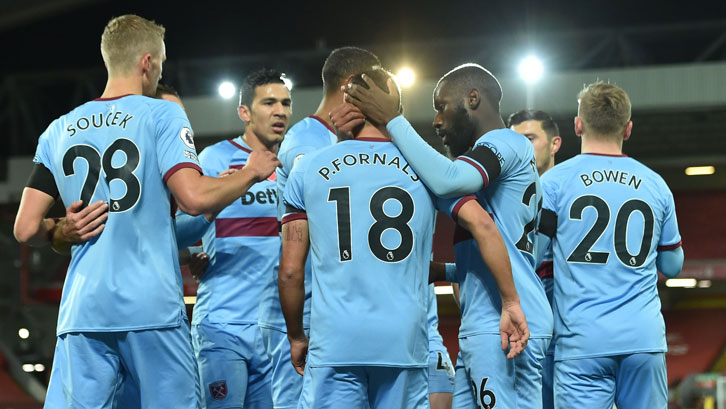 West Ham celebrate scoring at Liverpool