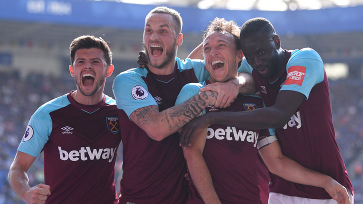 West Ham United players celebrate victory at Leicester City