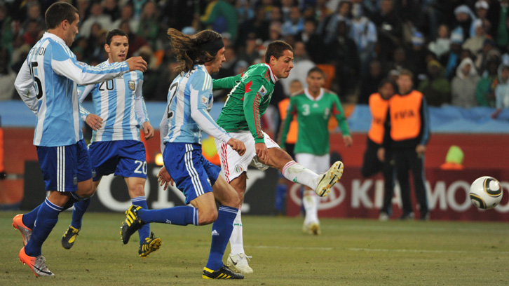 Chicharito scores against Argentina in the Round of 16 at the 2010 FIFA World Cup finals