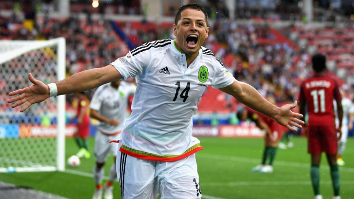 Chicharito celebrates scoring at the 2017 FIFA Confederations Cup finals