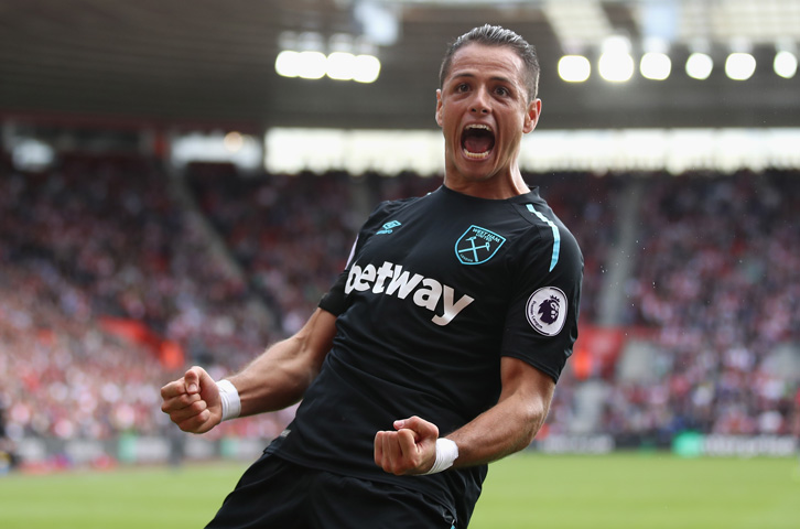 Chicharito celebrates scoring his first West Ham goals at Southampton