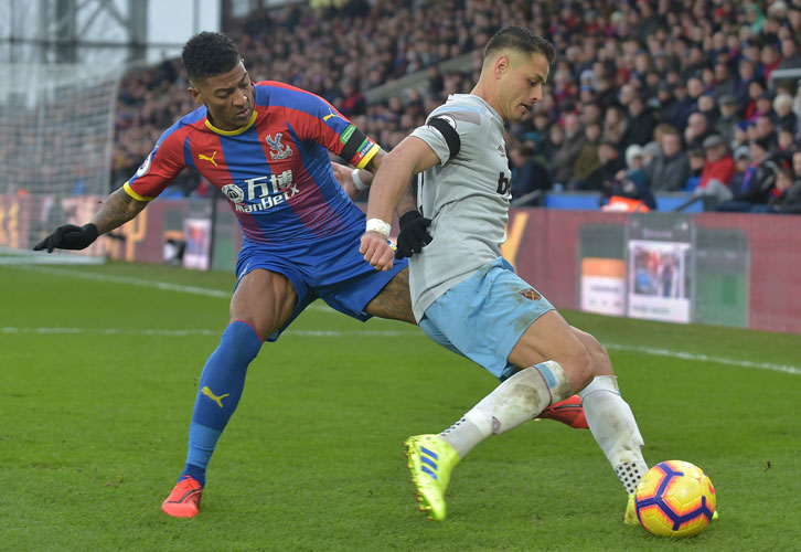 Chicharito battles with Crystal Palace defender Patrick van Aanholt