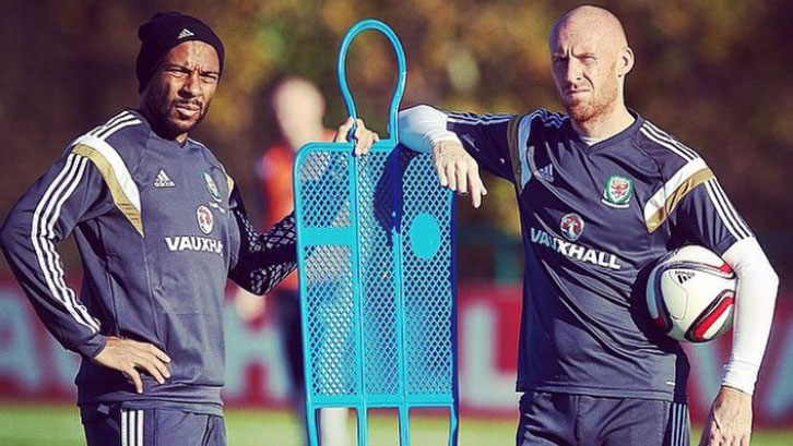 Danny Gabbidon and James Collins in training with Wales