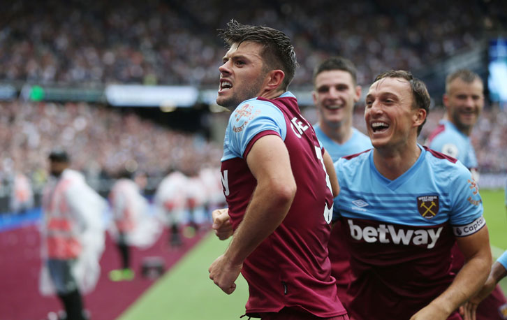 Aaron Cresswell and Mark Noble celebrate the left-back's goal