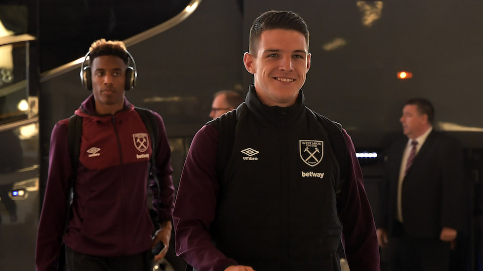 Declan Rice, with a smile on his face, as he arrives at London Stadium