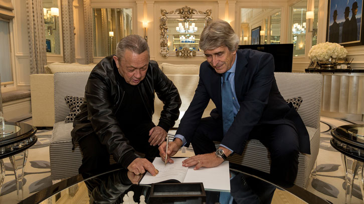 Manuel Pellegrini is welcomed to West Ham United by Joint-Chairman David Sullivan