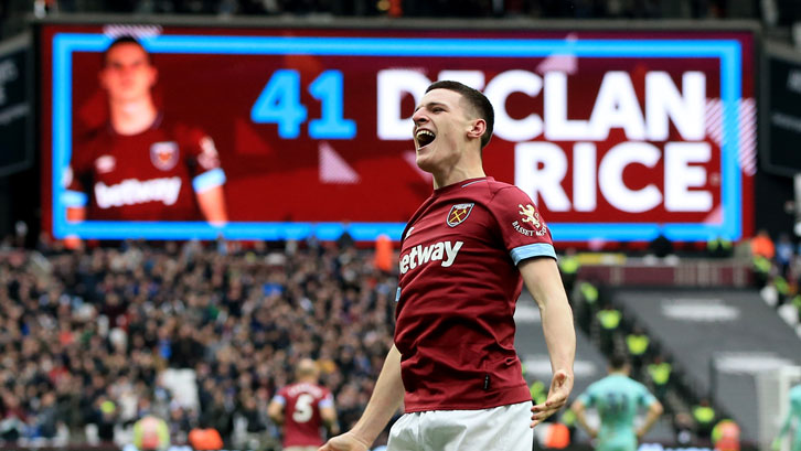 Declan Rice celebrates scoring at London Stadium