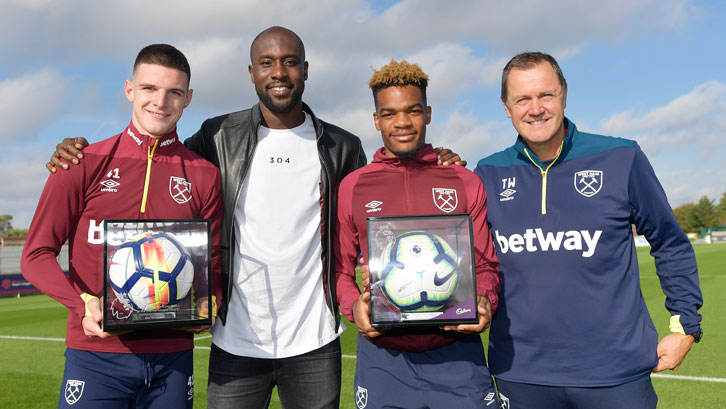 Declan Rice and Grady Diangana received their Premier League Debut Footballs from Terry Westley and Carlton Cole