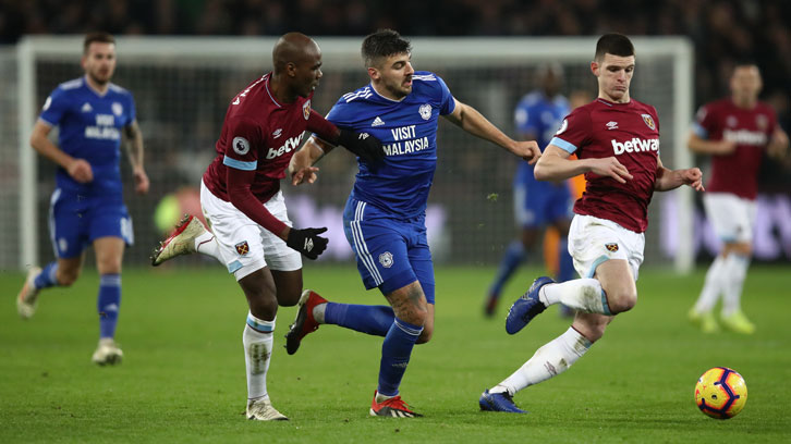Declan Rice and Angelo Ogbonna in action against Cardiff City