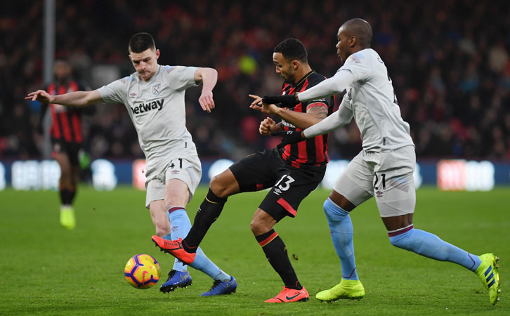 Declan Rice and Angelo Ogbonna in action against AFC Bournemouth
