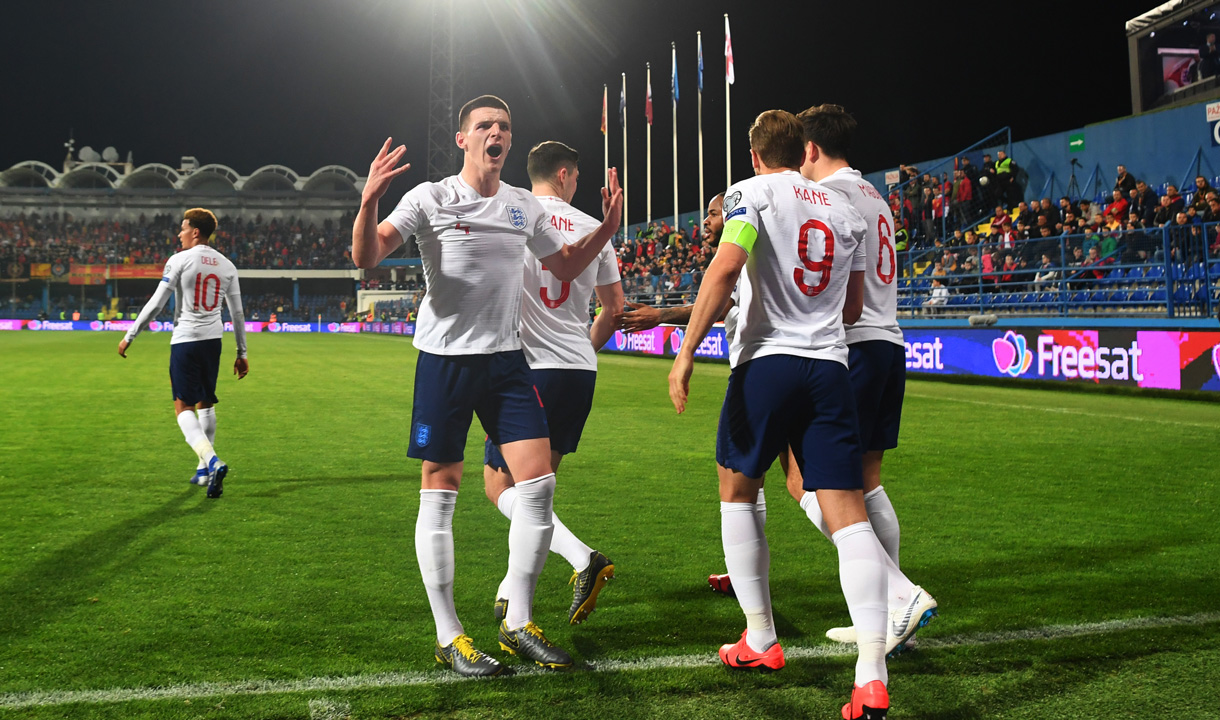 Declan Rice celebrates in front of the England fans