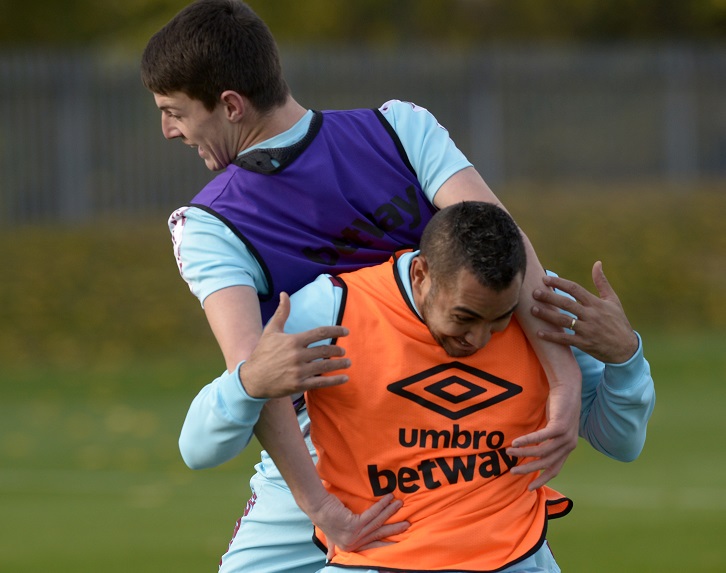 Declan Rice gets to grip with Dimitri Payet in training