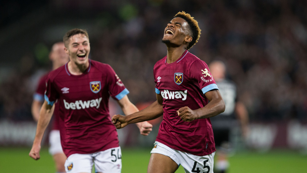 Grady Diangana celebrates scoring against Macclesfield Town