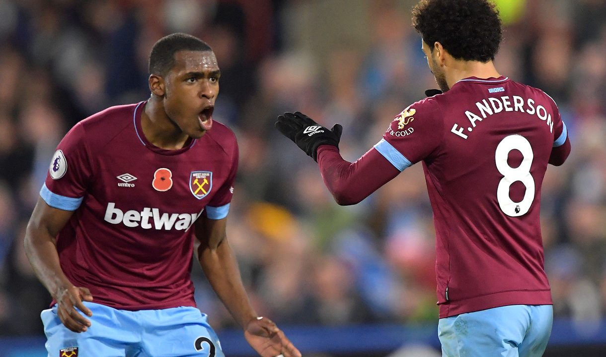 Issa Diop celebrates Felipe Anderson's goal at Huddersfield