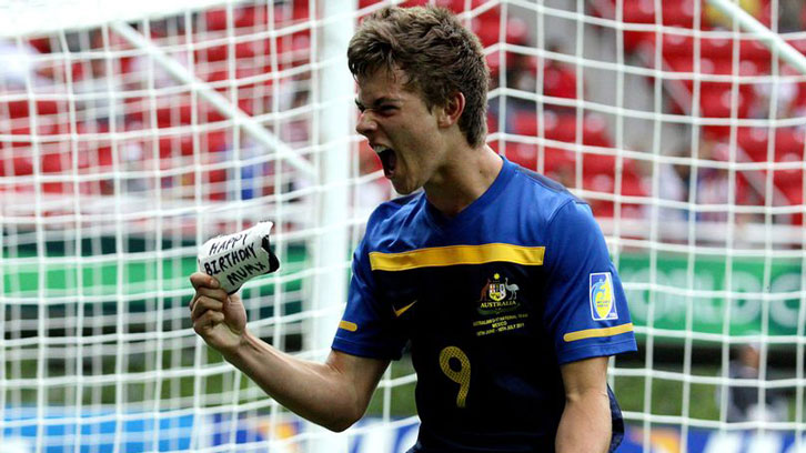 Dylan Tombides celebrates scoring for Australia at the 2011 FIFA U-17 World Cup finals