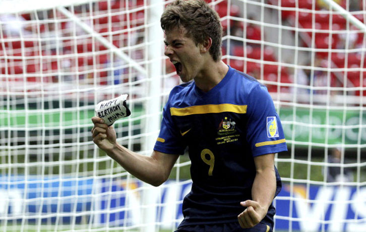 Dylan Tombides celebrates scoring for Australia at the 2011 FIFA U-17 World Cup finals