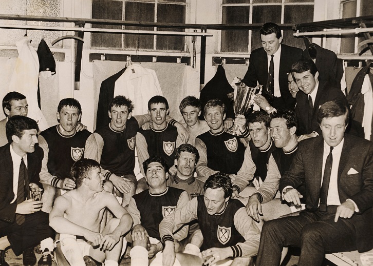 Brian Dear and Bobby Moore celebrate winning the 1965 European Cup Winners' Cup