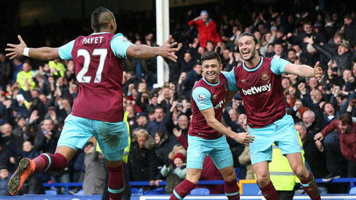 Payet, Cresswell and Carroll celebrate at Goodison Park