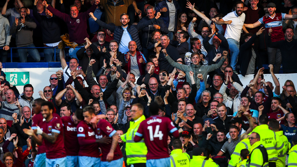 West Ham fans celebrate at Everton