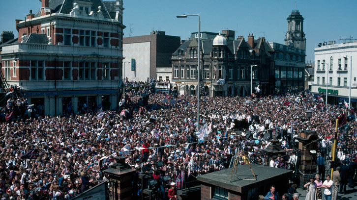 West Ham United supporters celebrate FA Cup glory outside Newham Town Hall
