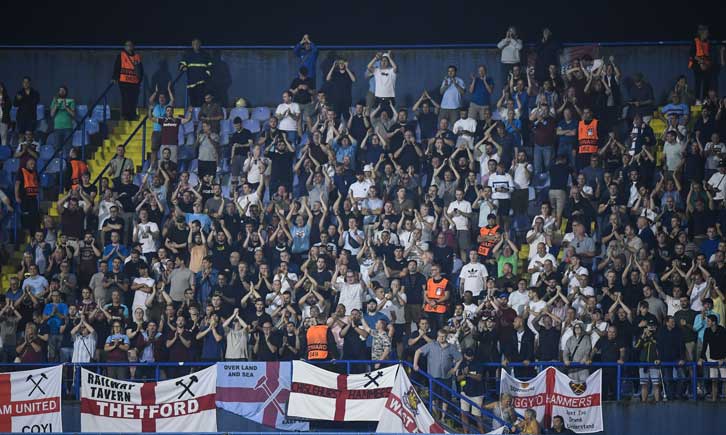 West Ham United supporters cheering the team to victory at Dinamo Zagreb