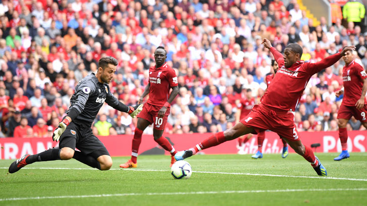 Lukasz Fabianski is out quickly to foil Georginio Wijnaldum